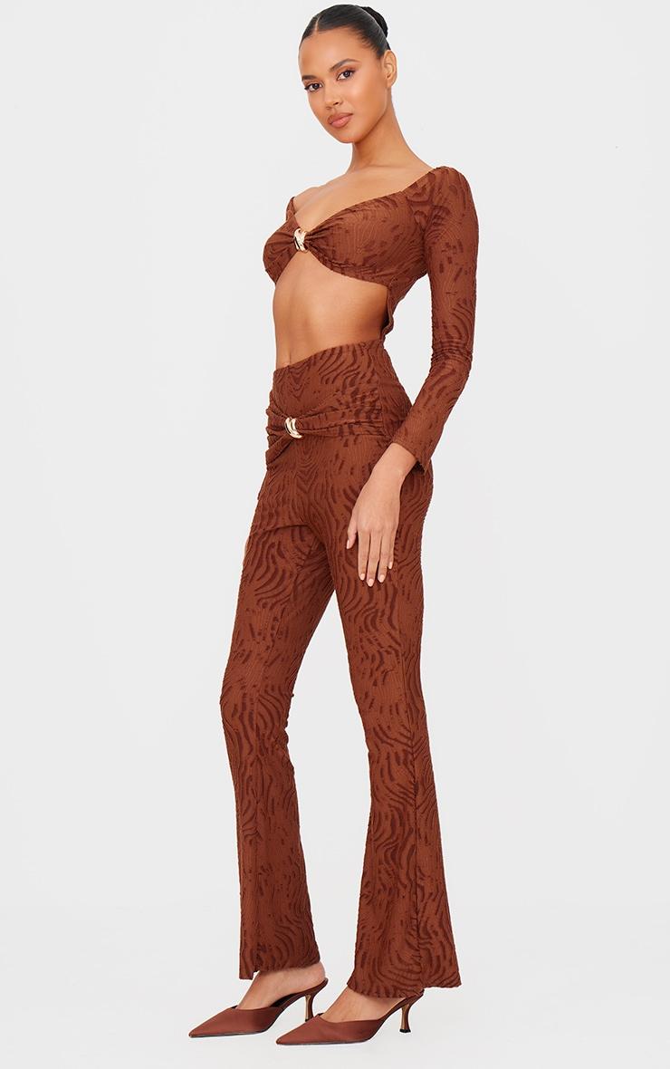 Chocolate Devore Long Sleeve Trim Cut Out Detail Jumpsuit Product Image