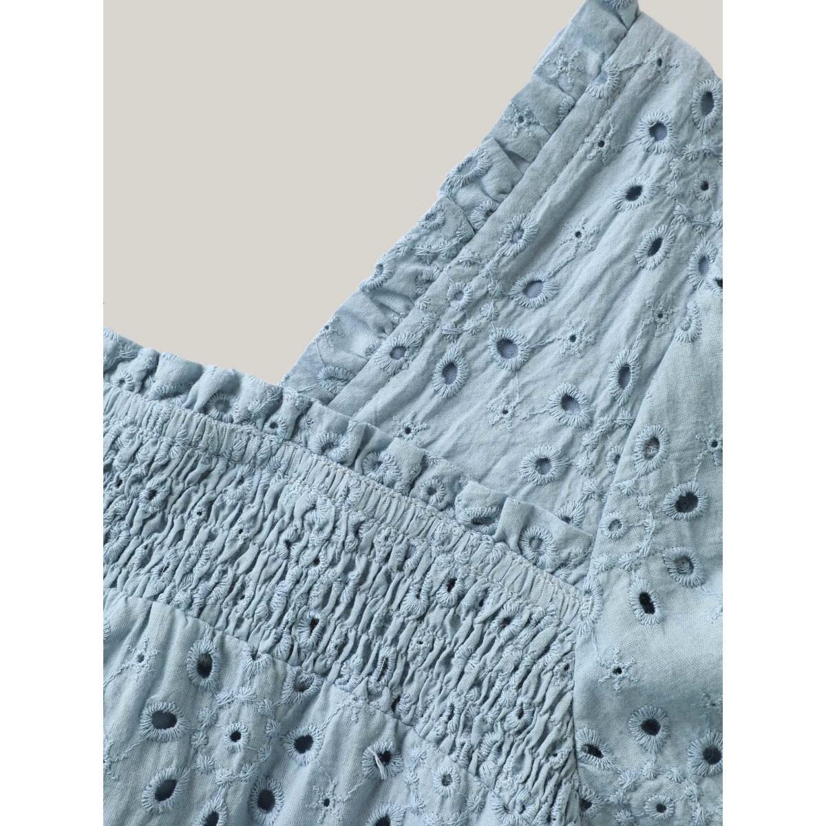 Plus Size Stone Eyelet Trim Shirred Neck Puffy Sleeve Blouse Women Short sleeve Square Neck Vacation Blouses BloomChic 26/4X Product Image