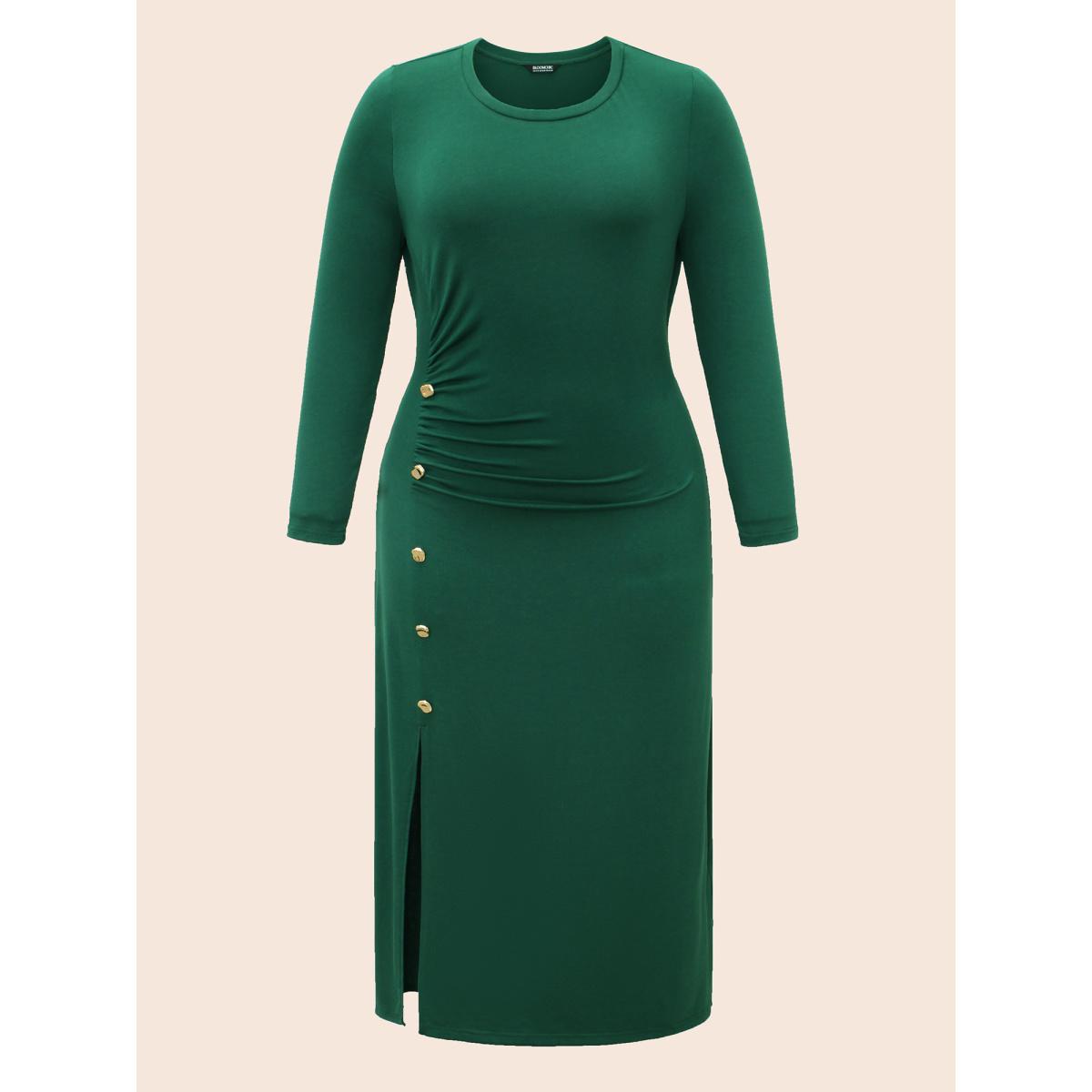 Plus Size Plain Button Detail Split Hem Dress DarkGreen Women Casual Gathered Round Neck Long Sleeve Curvy BloomChic 26/4X Product Image