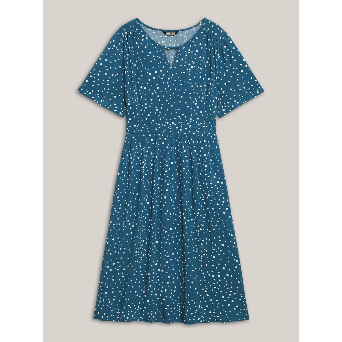 Plus Size Dot Print Shirred Waist Midi Dress Aegean Women At the Office Gathered Round Neck Short sleeve Curvy BloomChic 28/5X Product Image