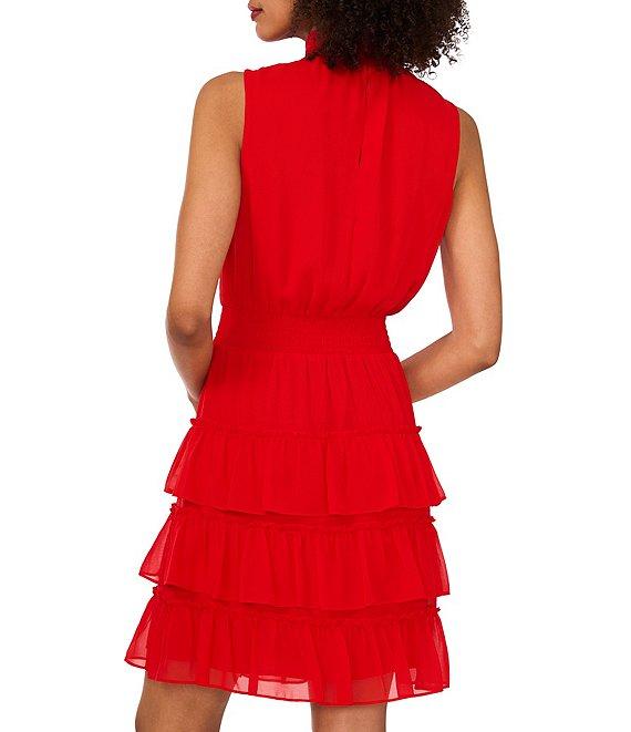 1. STATE Smocked Mock Neck Sleeveless Ruffle Tiered Mini Dress Product Image