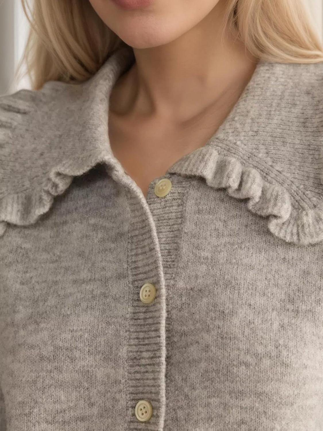 Frill Button Up Collared Neck Long Sleeve Cardigan Product Image