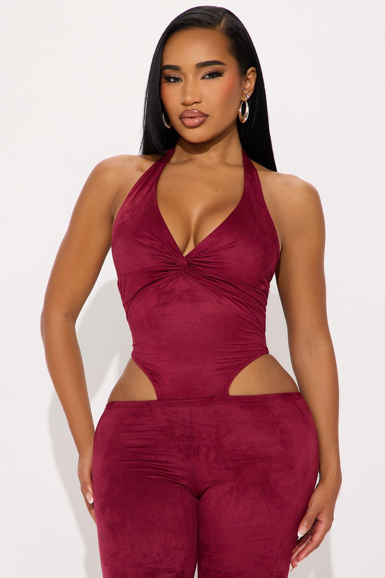 Lianna Faux Suede Halter Jumpsuit - Burgundy Female Product Image