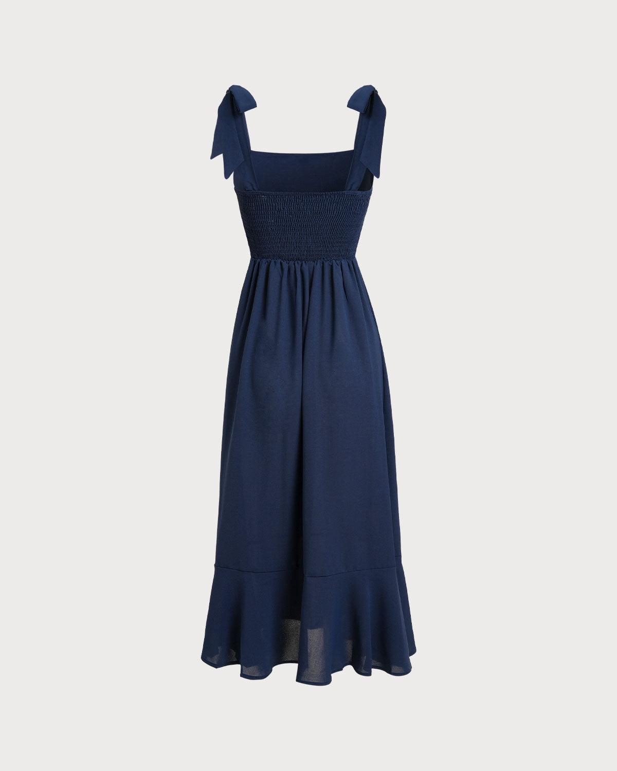 Navy Square Neck A-Line Shirred Midi Dress Product Image