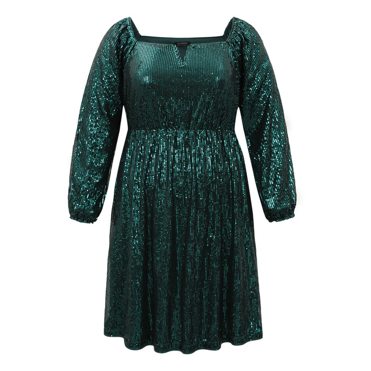 Plus Size Sequin Square Neck Lantern Sleeve Knee Dress DarkGreen Women Party Elastic cuffs Square Neck Long Sleeve Curvy Knee Dress BloomChic 28/5X Product Image