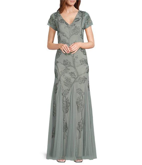 Marina Power Mesh V-Neck Cap Sleeve Soutache Vine Beading Sheath Gown Product Image