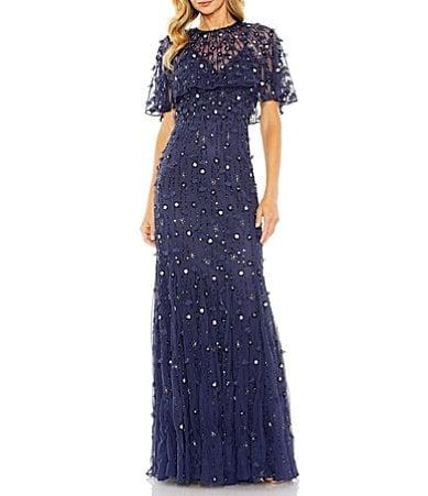 Womens Embellished Illusion Cape-Sleeve Trumpet Gown Product Image