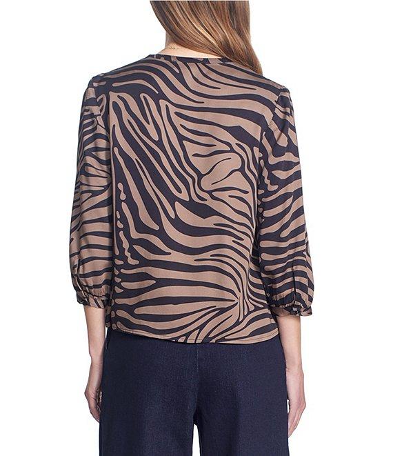 COREY LYNN CALTER Jessina Woven Satin Zebra Print V-Neck 3/4 Sleeve Top Product Image