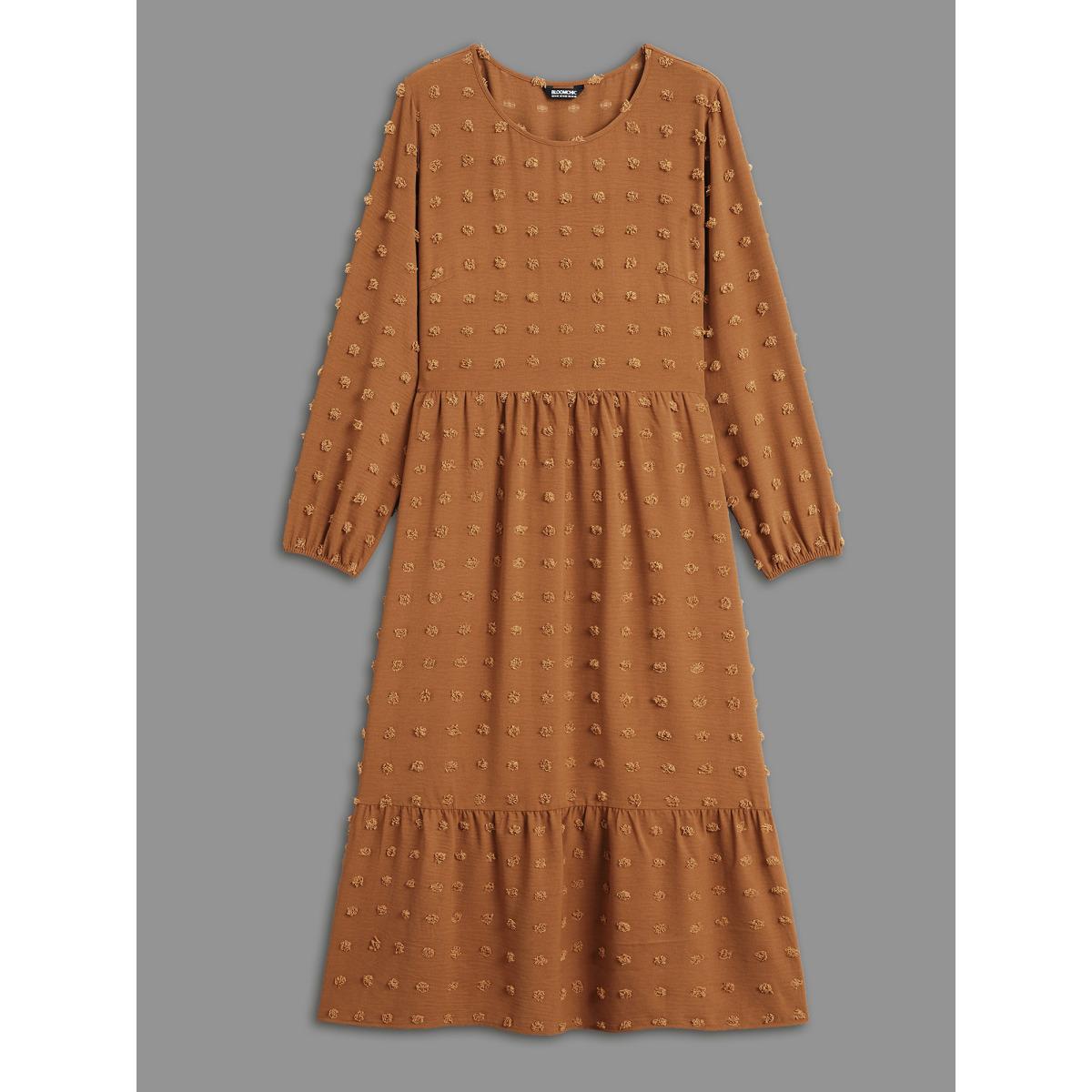 Plus Size Plain Textured Crew Neck Midi Dress Yellowishbrown Women Resort Texture Round Neck Long Sleeve Curvy BloomChic 22-24/3X Product Image