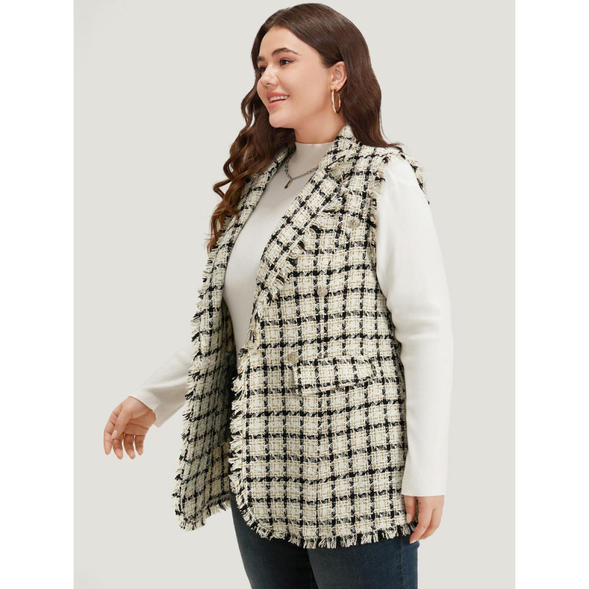 Plus Size Plaid Sleeveless Flap Pocket Button Up Blazer White Women Work Plaid Contrast Sleeve Long Sleeve Suit Collar 18-20/2X Pocket Casual Blazers BloomChic Product Image