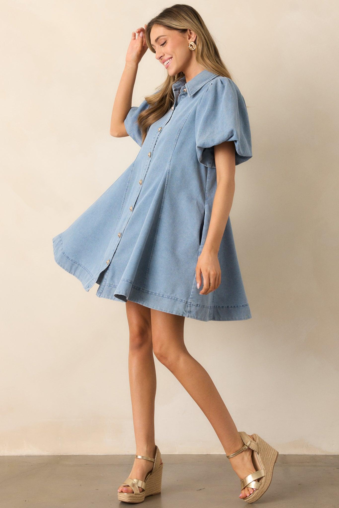 More Or Less Light Wash Cotton Denim Puff Sleeve Mini Dress Product Image