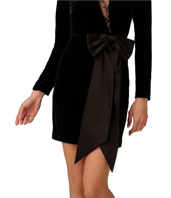Adrianna by Adrianna Papell Stretch Velvet Lace Insert Crew Neck Long Sleeves Bow Mini Dress Product Image