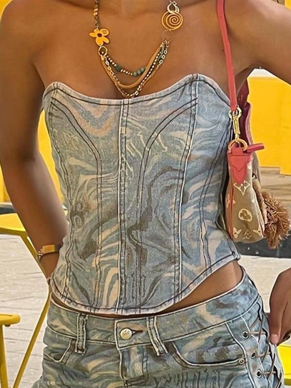 Irregular Print Backless Denim Bandeau Top Product Image