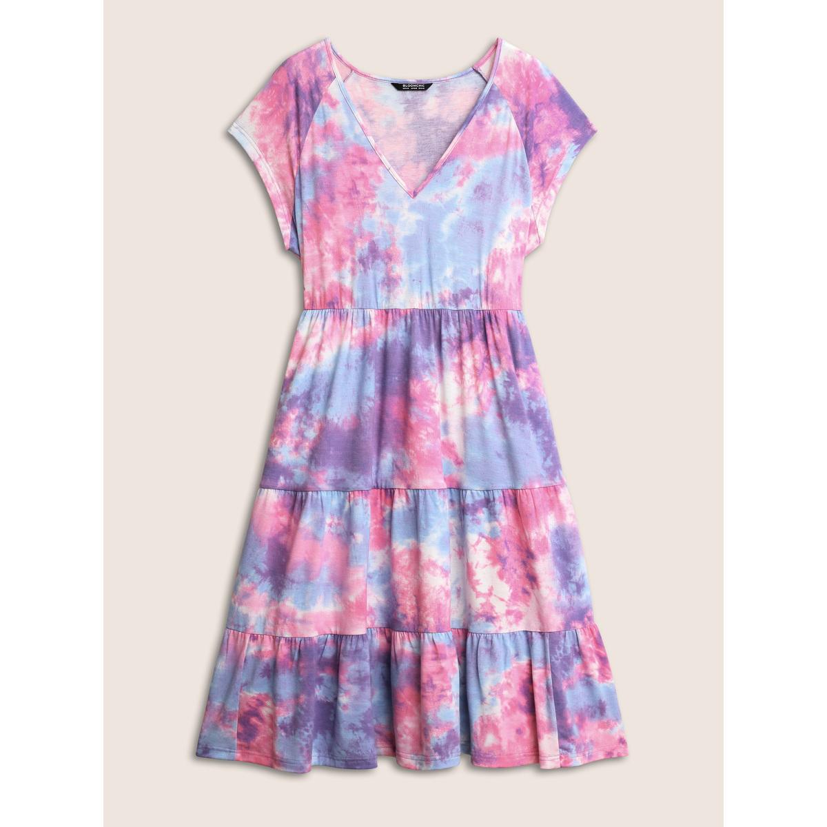 Plus Size Tie Dye Raglan Sleeve Patchwork Gathered Dress Multicolor Women Casual Gathered V-neck Cap Sleeve Curvy Midi Dress BloomChic 22-24/3X Product Image