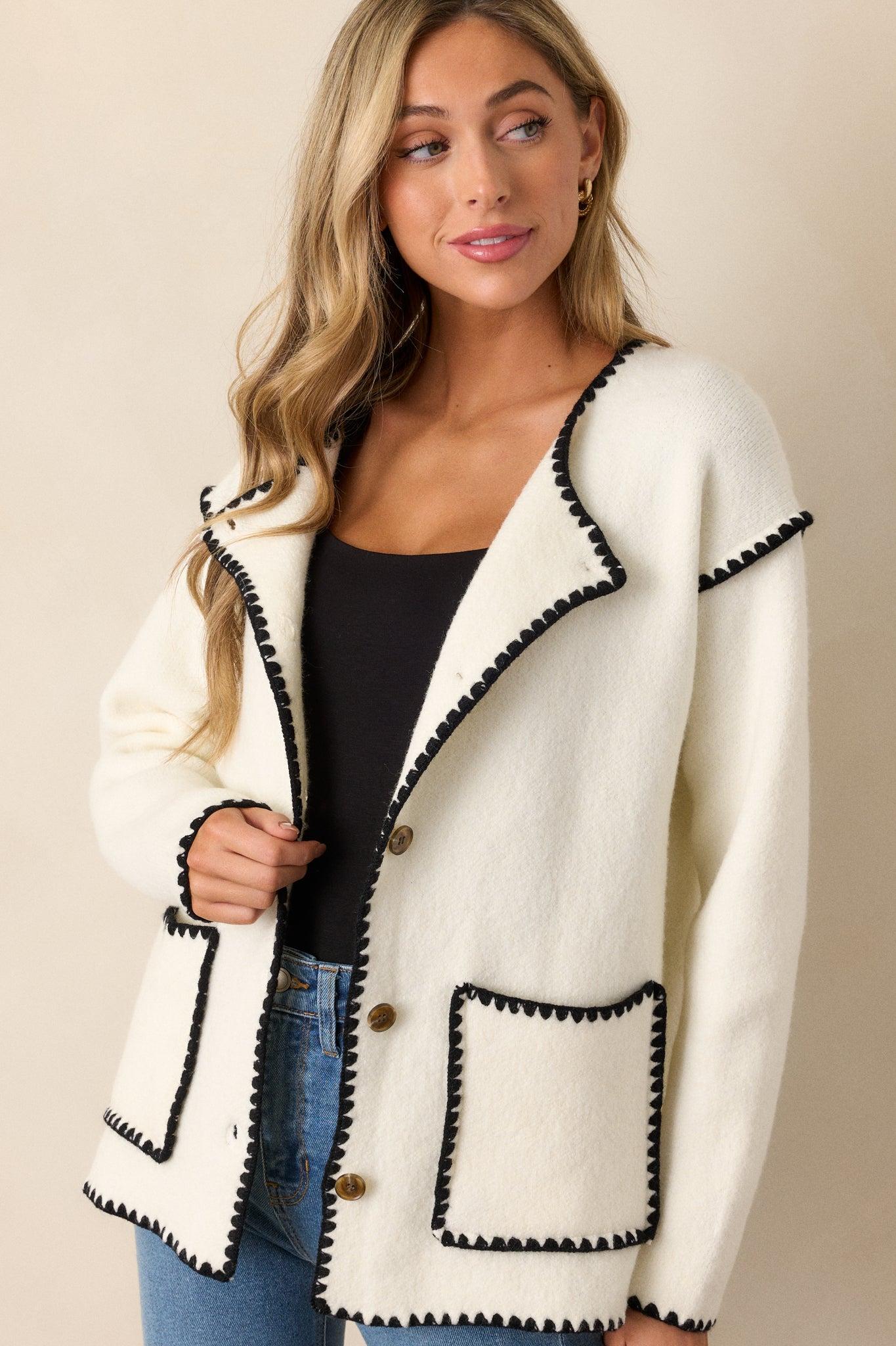 Fleeting Whispers White Blanket Stitch Cardigan Product Image