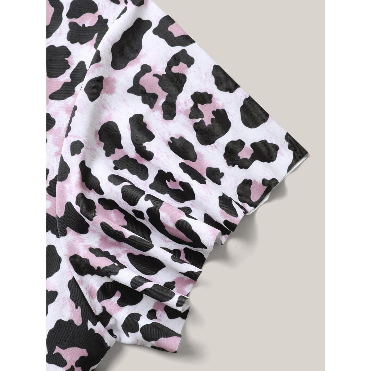 Plus Size Leopard Print Color Contrast Swim Dress Women's Swimwear Black Beach Bodycon Overlap Collar High stretch Curve Swim Dresses BloomChic 28/5X Product Image