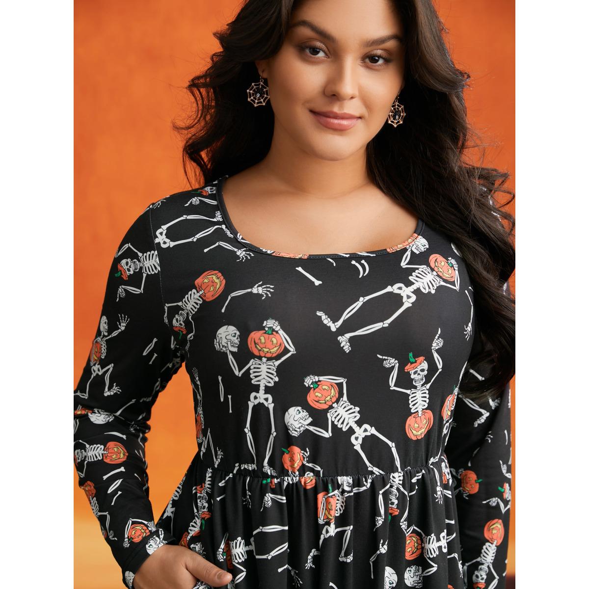Plus Size Pumpkin Skeleton Elastic Waist Midi Dress Black Women Cocktail Non Party Curvy Bloomchic 10/M Product Image