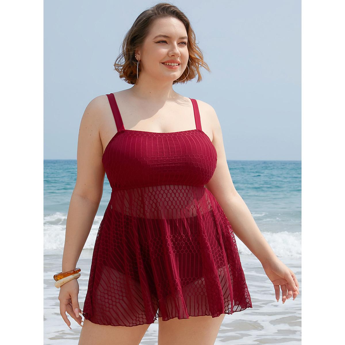 Plus Size Solid Geometric Ruffles Mesh Hem Tankini Top Women's Swimwear Red Vacation Adjustable Straps High stretch Bodycon Spaghetti Strap Curve Swim Tops BloomChic 26/4X Product Image