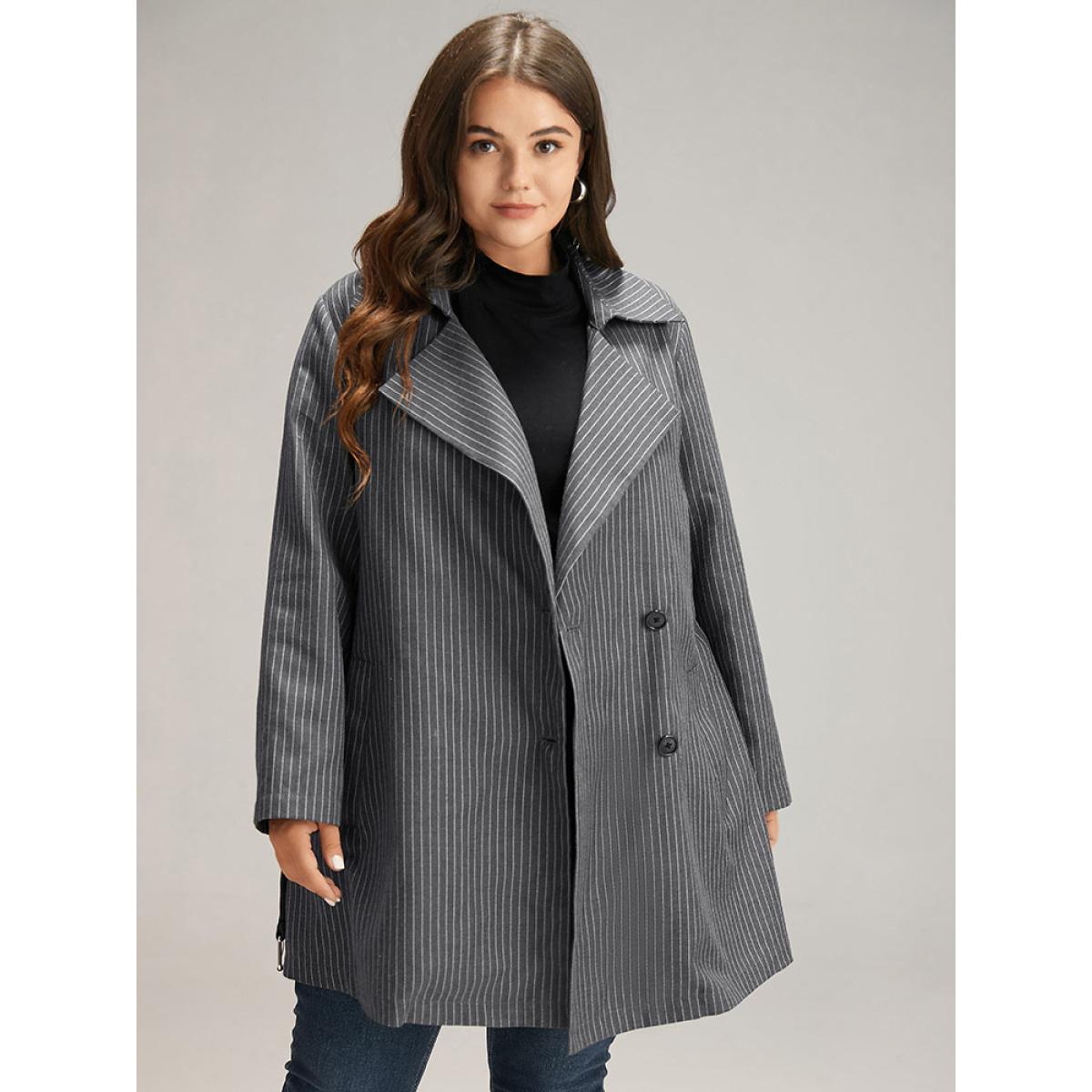 Plus Size Striped Belted Lapel Collar Tunic Coat Women DimGray Casual Belted Ladies Dailywear Winter Coats BloomChic 22-24/3X Product Image