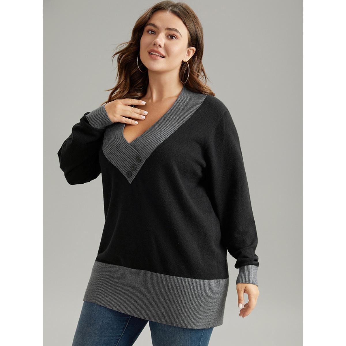 Plus Size Supersoft Essentials Contrast Deep V Neck Button Detail Pullover Black Women Casual Long Sleeve Deep V-neck Everyday Pullovers BloomChic 30/6X Product Image