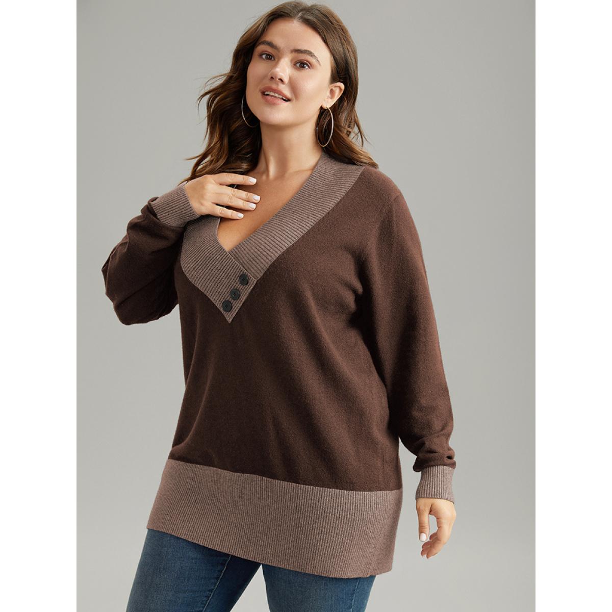 Plus Size Supersoft Essentials Contrast Deep V Neck Button Detail Pullover DarkBrown Women Casual Long Sleeve Deep V-neck Everyday Pullovers BloomChic 14-16/1X Product Image