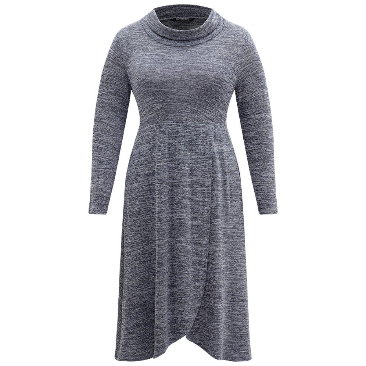 Plus Size Plain Funnel Neck Heather Arc Hem Dress Midnight Women Casual Plain Turtleneck Long Sleeve Curvy Midi Dress BloomChic 14-16/1X Product Image