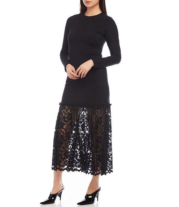 Karen Kane Crew Neck Long Sleeve Contrast Lace Hem Dress Product Image