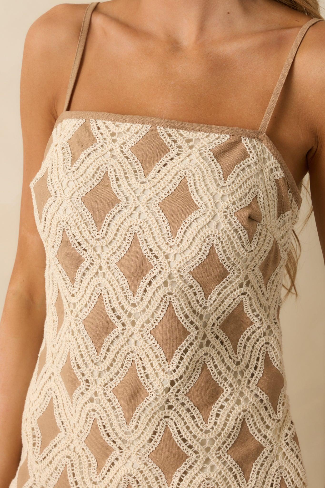 Had The Best Time Tan Geometric Lace Linen Blend Mini Dress Product Image