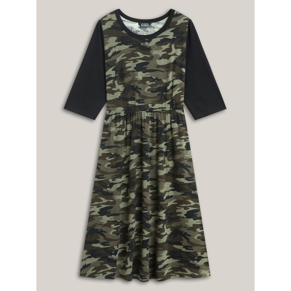 Plus Size Camouflage Print Contrast Spliced Midi Dress ArmyGreen Women Casual Patchwork Knit Dresses Bloomchic 14-16/1X Product Image