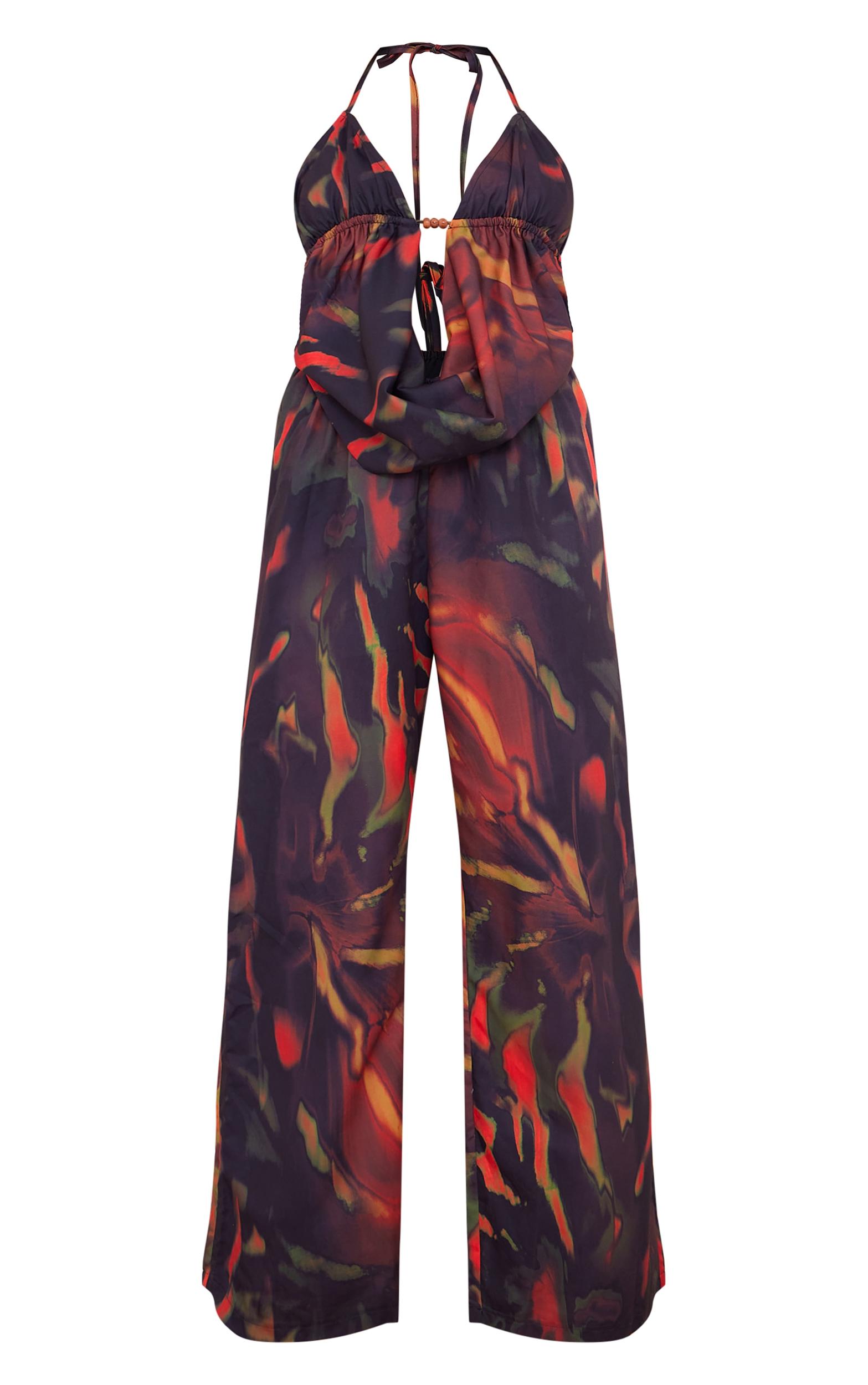 Black Leaf Printed Cowel Detail Halter Neck Jumpsuit Product Image