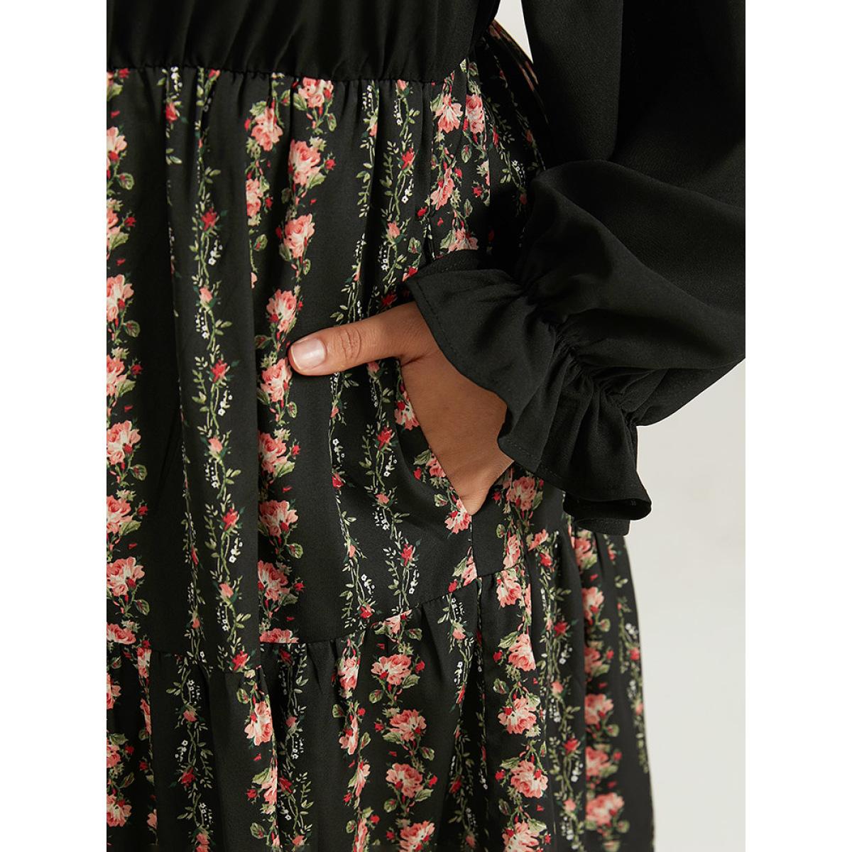 Plus Size Floral Ruffle Layered Hem Square Neck Dress Black Women Office Elastic cuffs Square Neck Long Sleeve Curvy Midi Dress BloomChic 30/6X Product Image