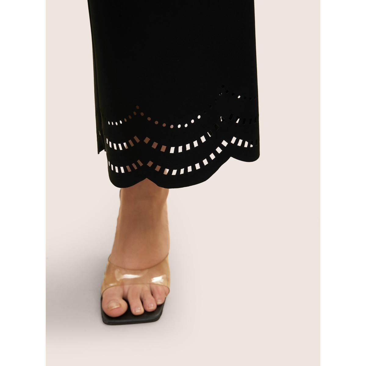 Plus Size Medium stretch Laser Cut Elastic Waist Pants Women Black Elegant Wide Leg Mid Rise Everyday Pants BloomChic 14-16/1X Product Image