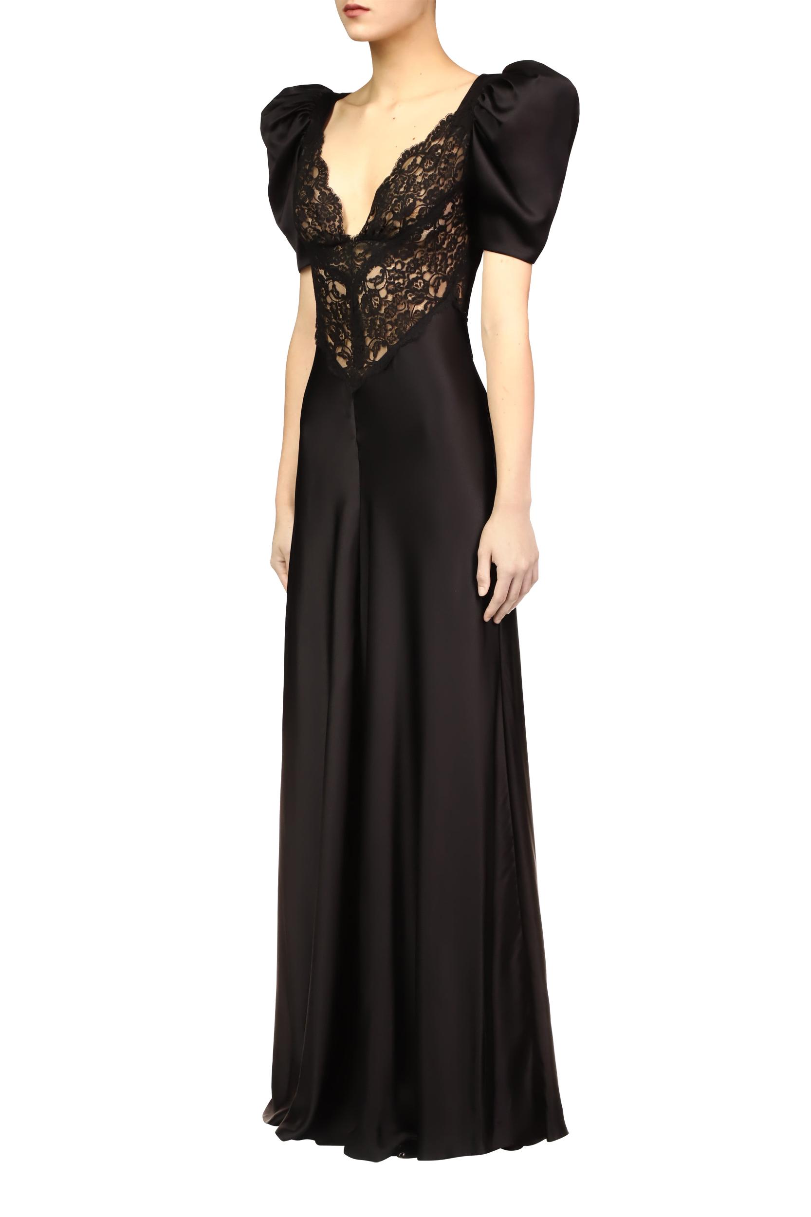 Black Silk Short Sleeve Gown With Black Lace Details Product Image