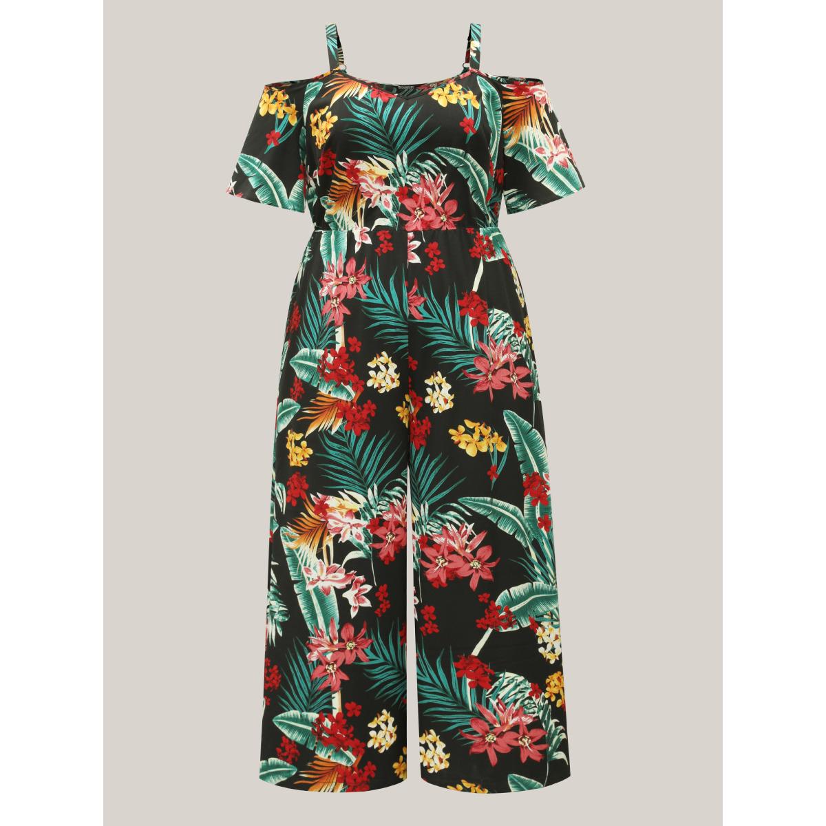 Plus Size Black Large Floral Pattern Pockets Jumpsuit Women Short sleeve Heart neckline Vacation Loose Jumpsuits BloomChic 22-24/3X Product Image