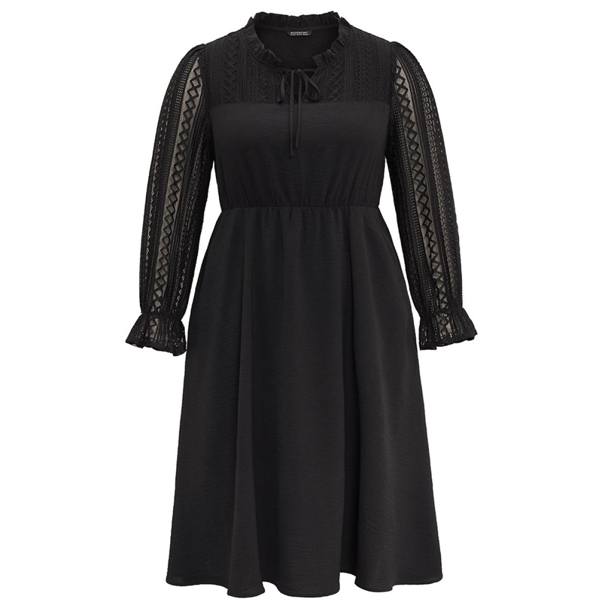 Plus Size Guipure Lace Knot Neck Ruffle Long Sleeve Dress Black Women Elegant Texture Tie Neck Long Sleeve Curvy Midi Dress BloomChic 28/5X Product Image