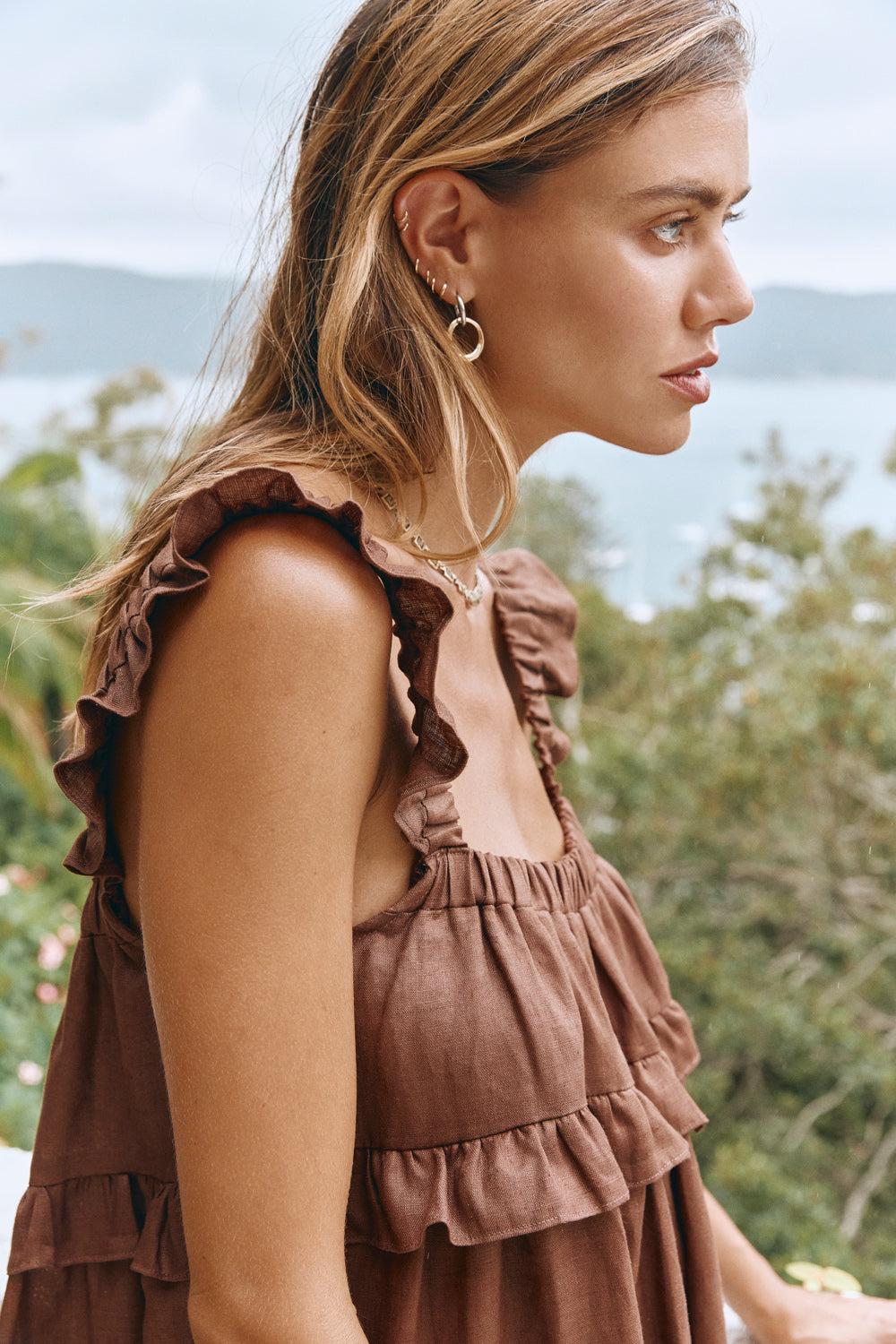 Rossana Linen Maxi Dress Chocolate Product Image