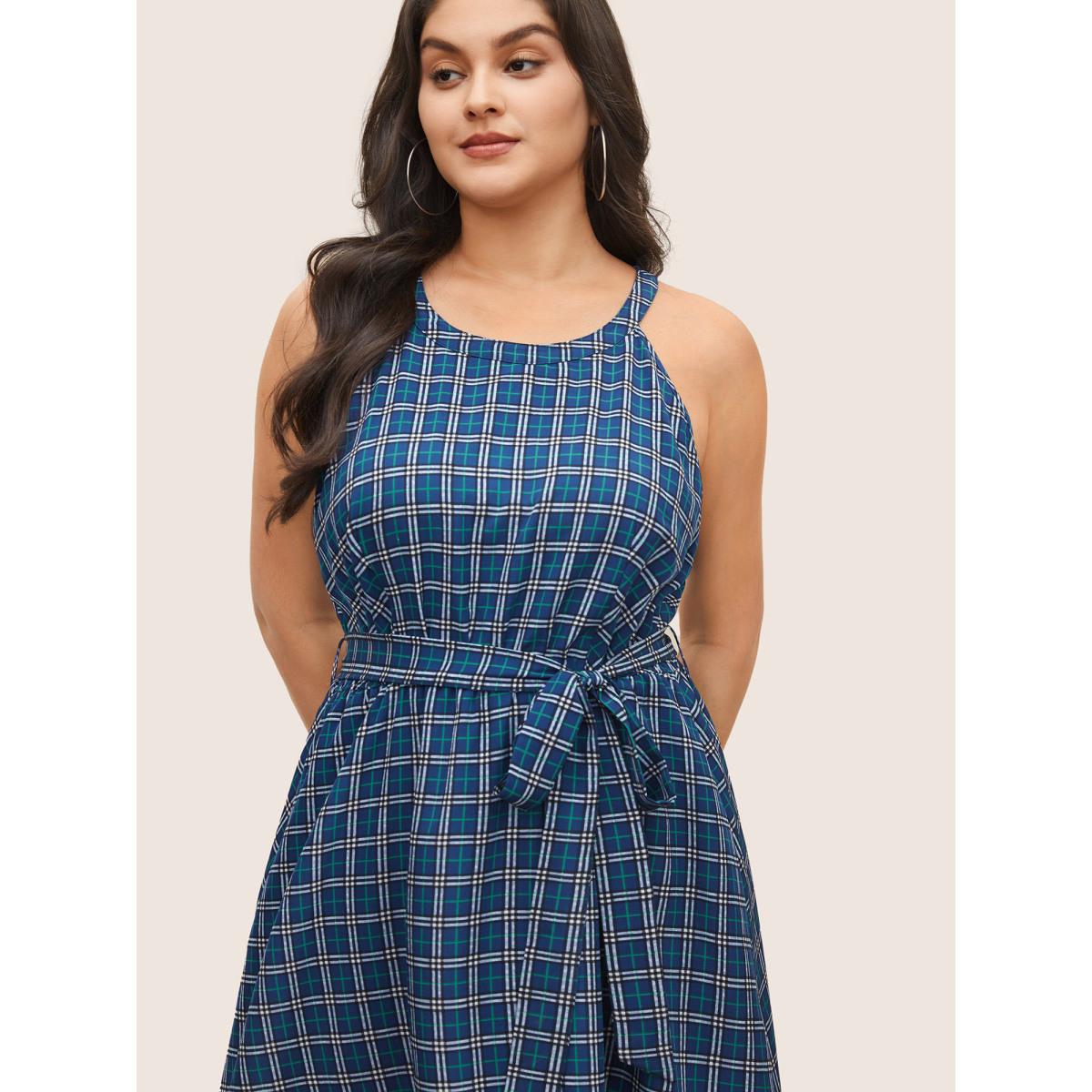 Plus Size Plaid Pocket Belted Halter Midi Dress DarkBlue Women Casual Non Halter neck Sleeveless Curvy Midi Dress BloomChic 26/4X Product Image