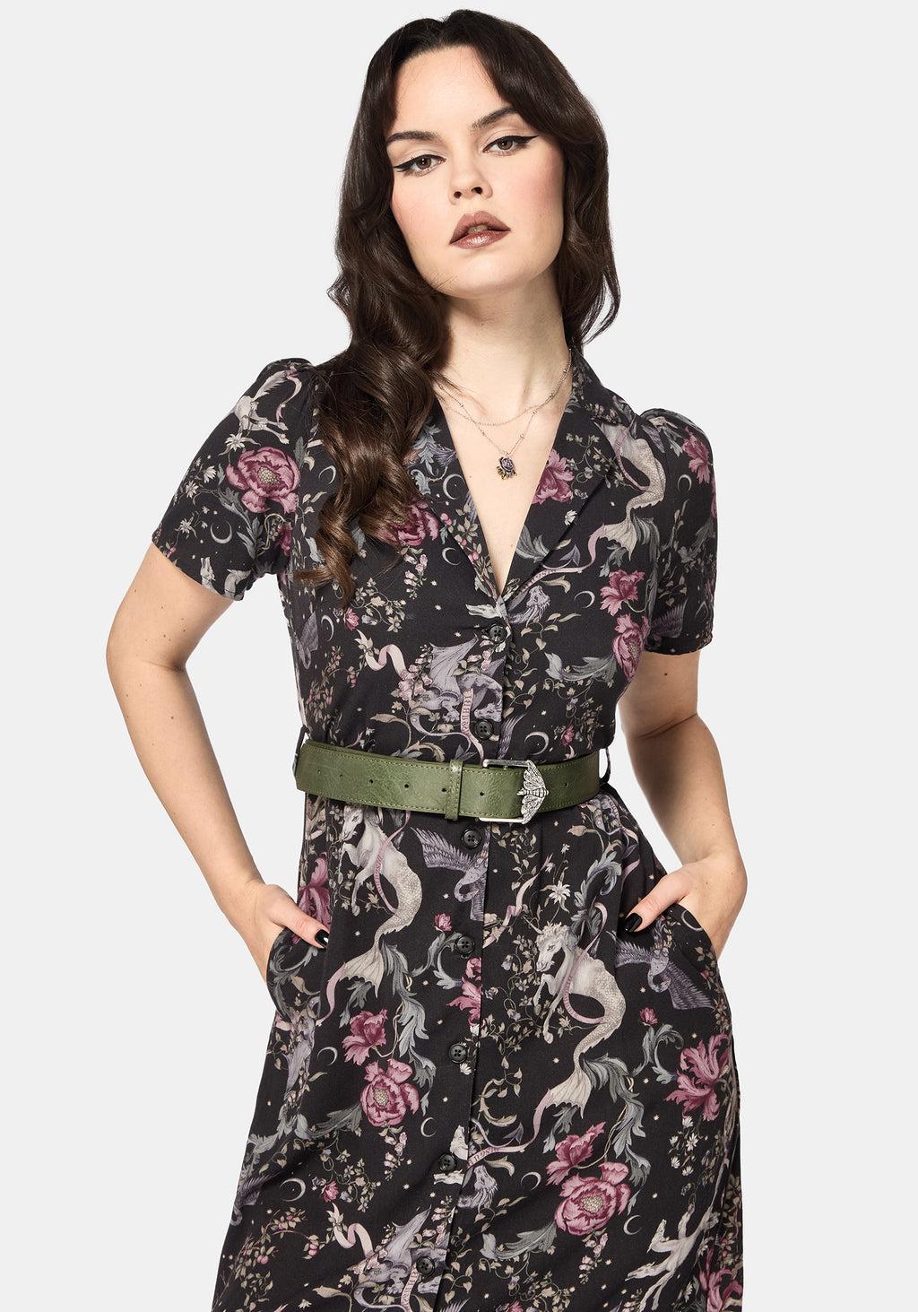 Merunicorn Enchanted Forest Print Puff Sleeve Midi Dress Product Image