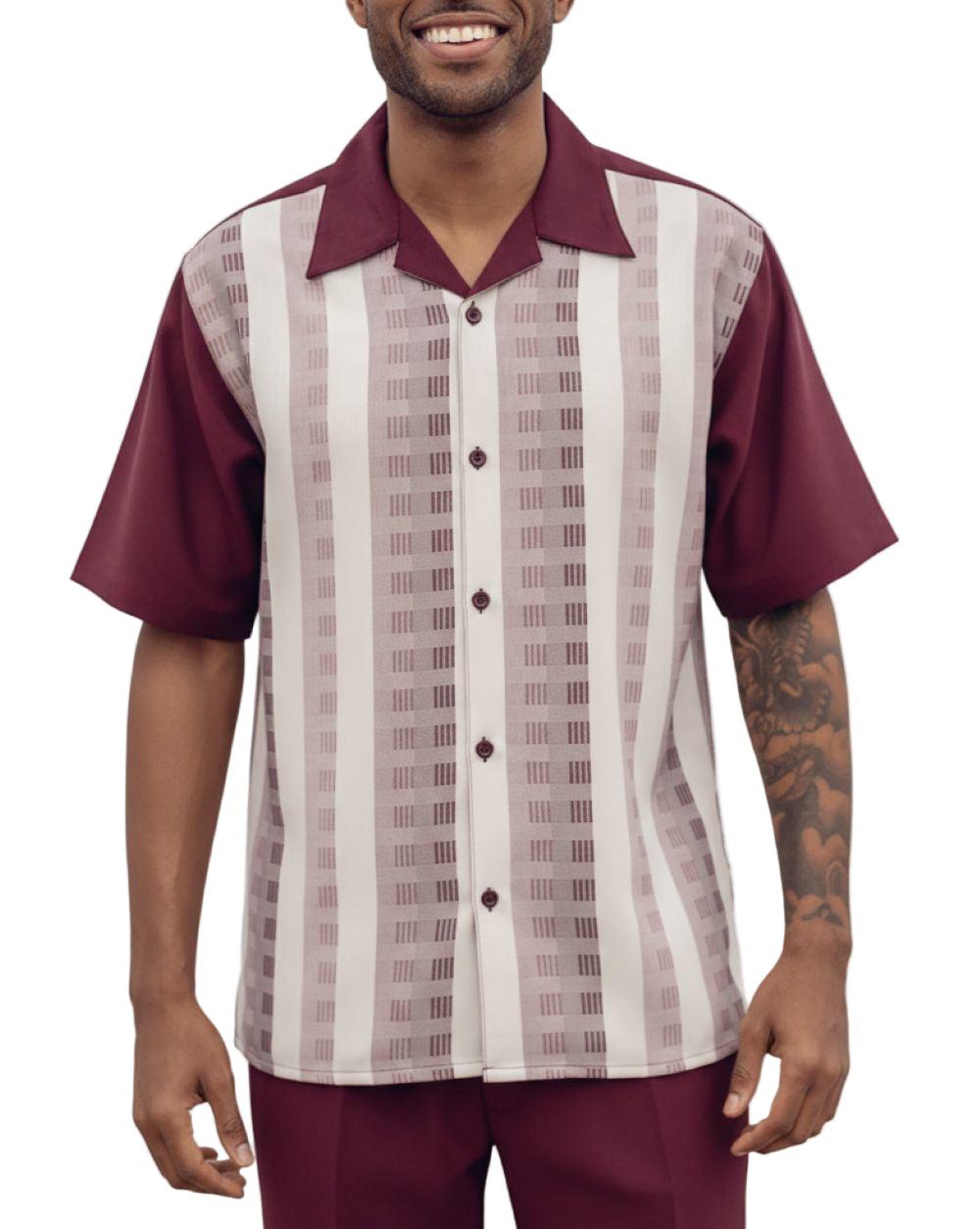 (3XL/44) Burgundy Color Striped Walking Suit 2 Piece Short Sleeve Set Product Image