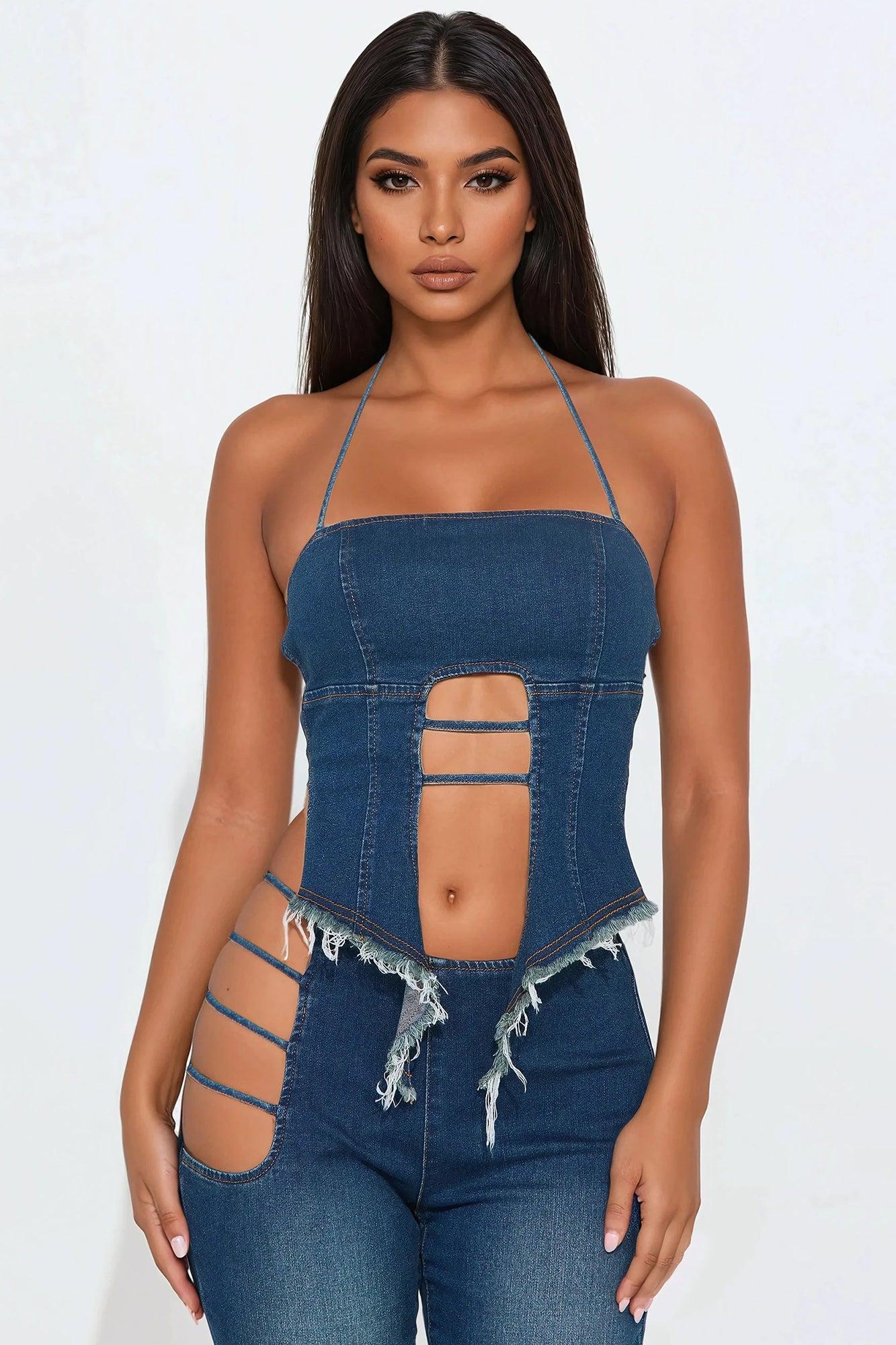 Tied Down Denim Pant Set - Dark Wash Product Image