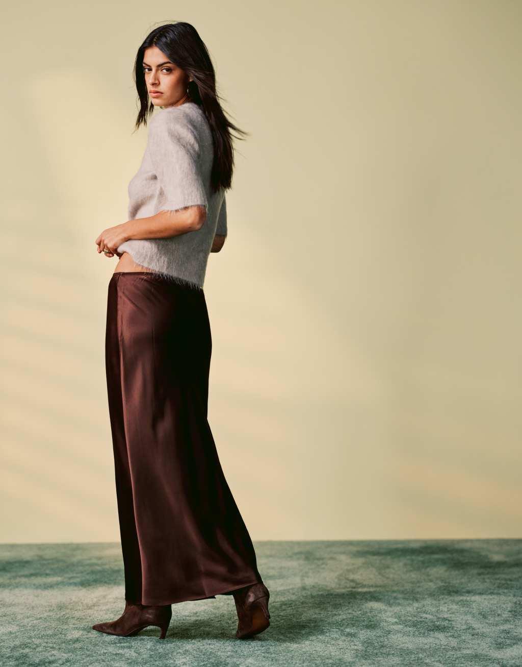 Mango satin midi skirt in brown Product Image