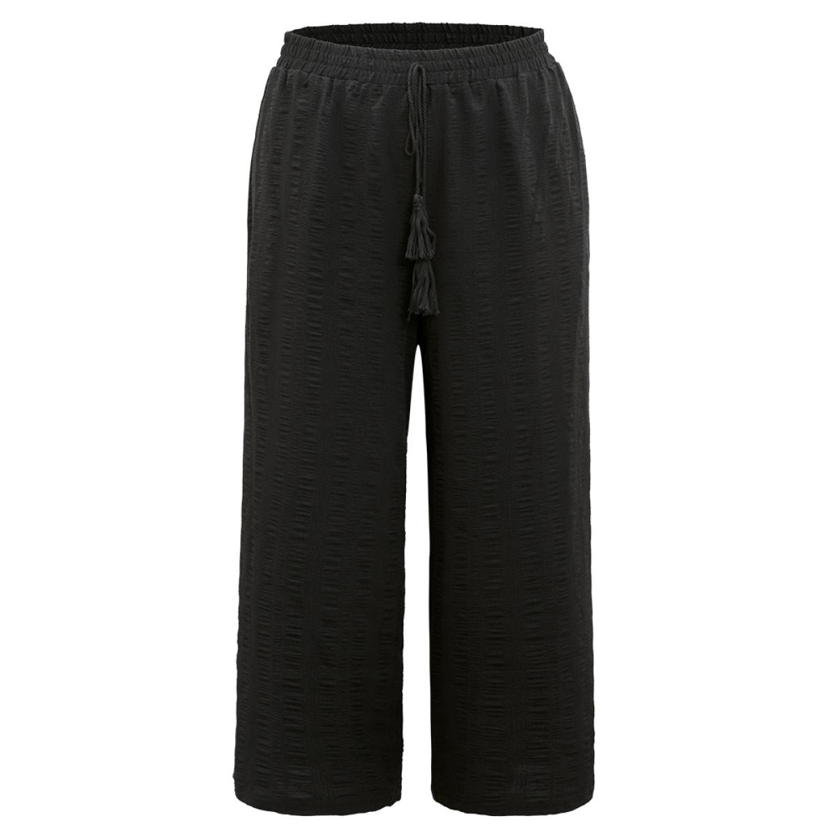 Plus Size Plain Tassel Knot Pocket Elastic Waist Pants Women Black Vacation Straight Leg High Rise Dailywear Pants BloomChic 22-24/3X Product Image