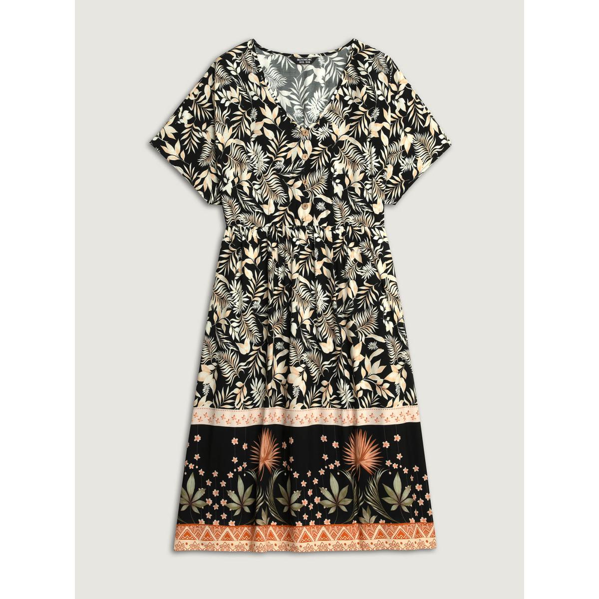 Plus Size Rayon Floral Print Button Detail Midi Dress BlackFlower Women V-neck Cap Sleeve Curvy BloomChic 18-20/2X Product Image