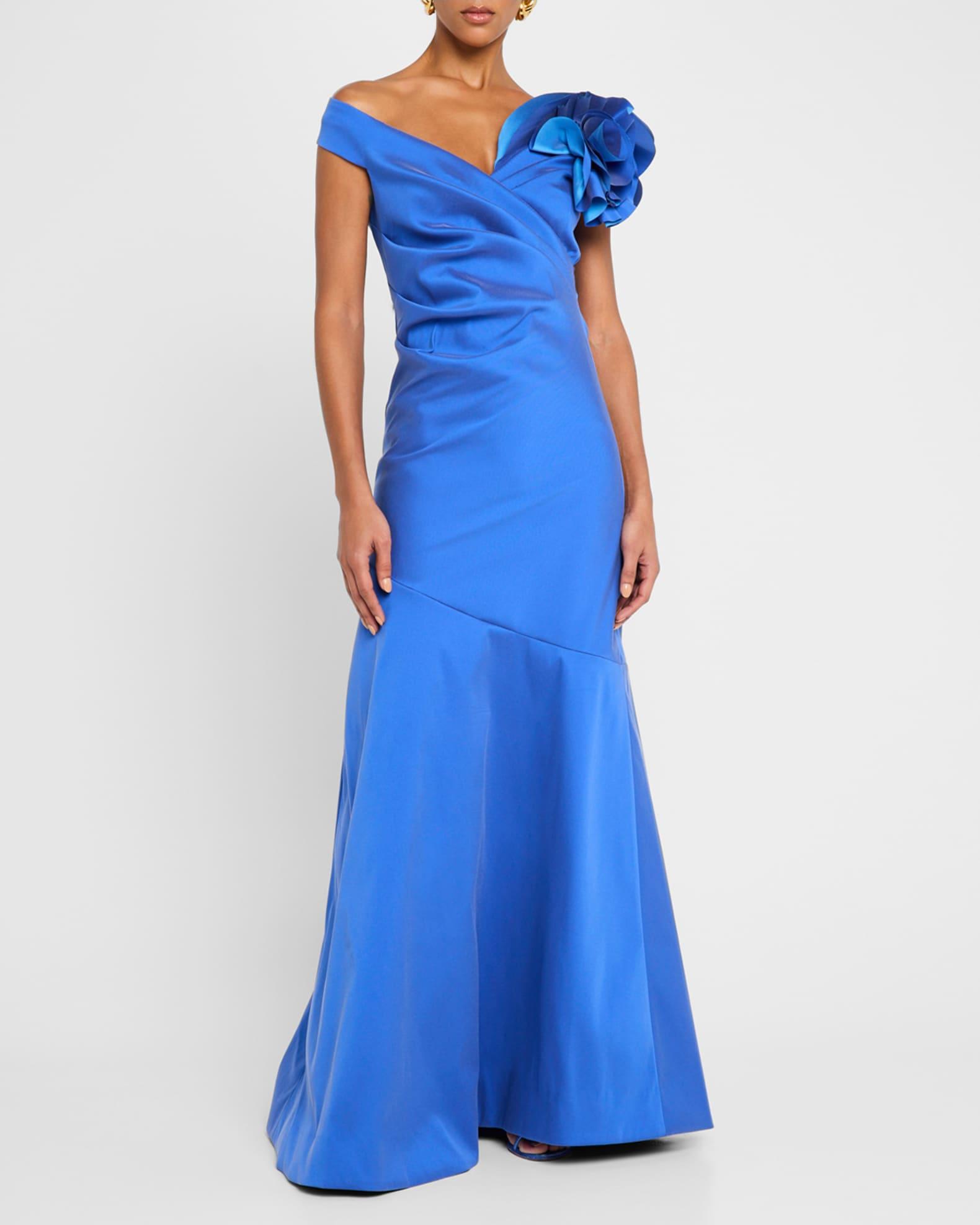 Pleated Off-Shoulder Ruffle Gazar Gown Product Image