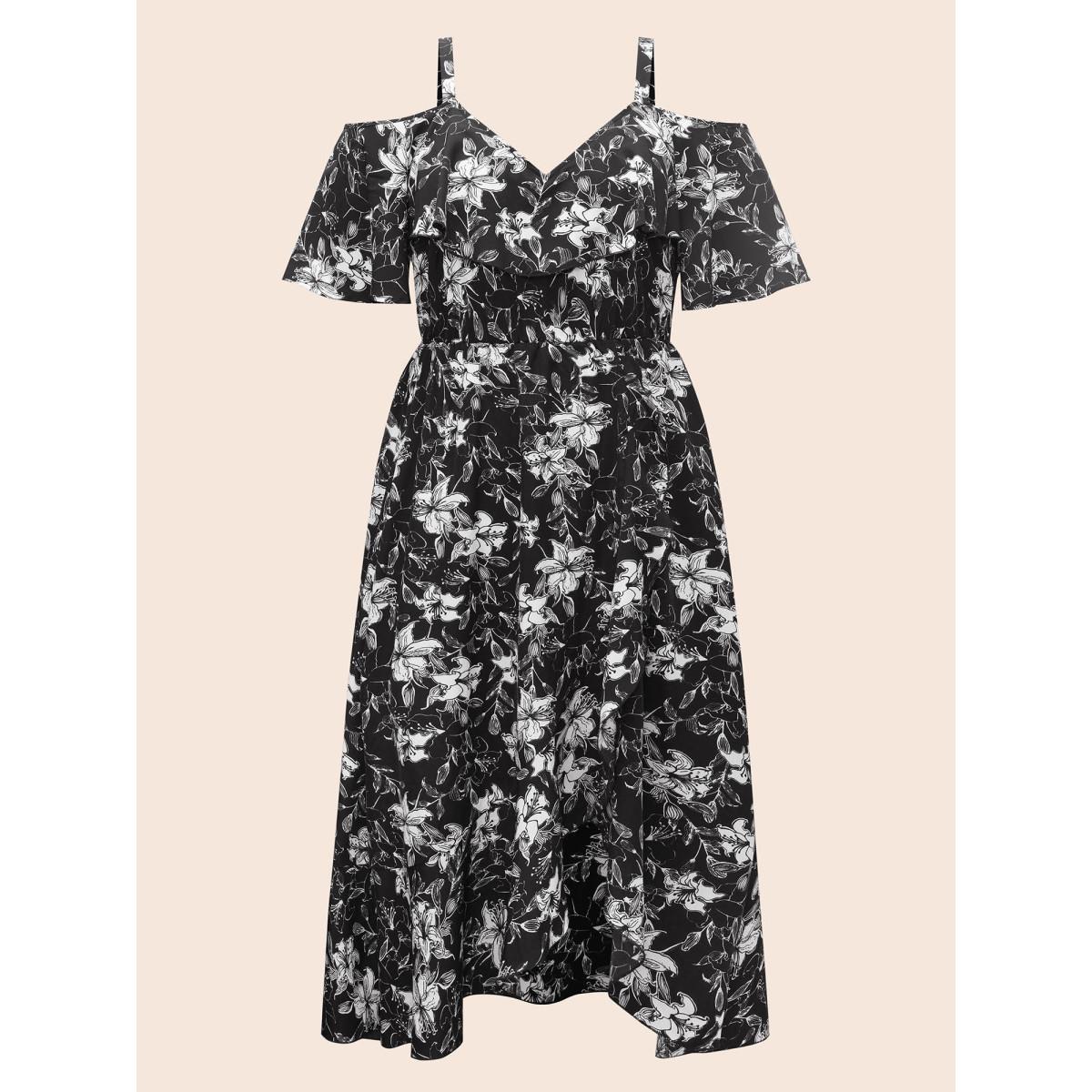 Plus Size Floral Heart Neckline Ruffle Trim Dress Black Women Elegant Ruffles Heart neckline Short sleeve Curvy BloomChic 30/6X Product Image