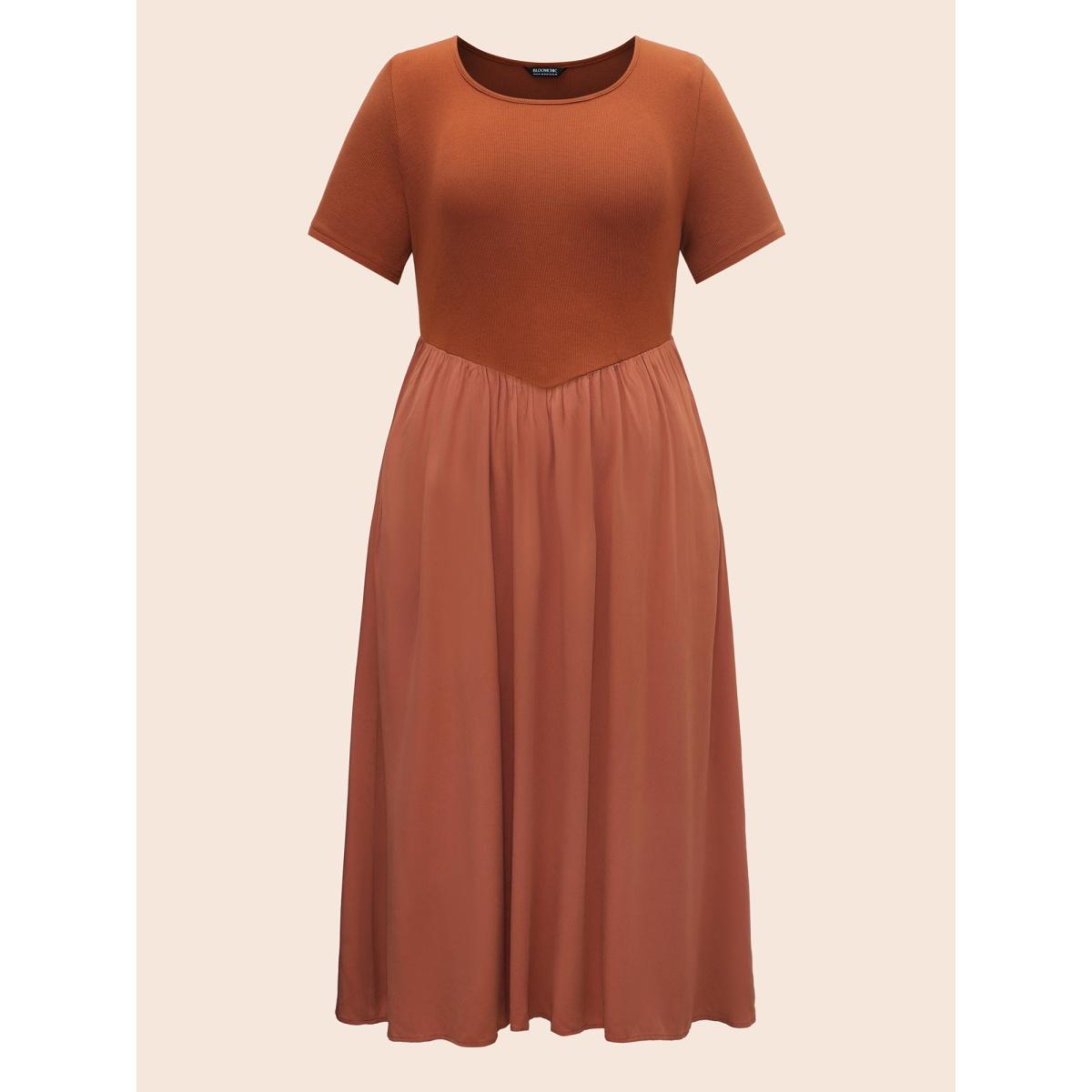 Plus Size U Neck Patchwork Midi Dress Maroon Women Elegant Patchwork U-neck Short sleeve Curvy BloomChic 18-20/2X Product Image