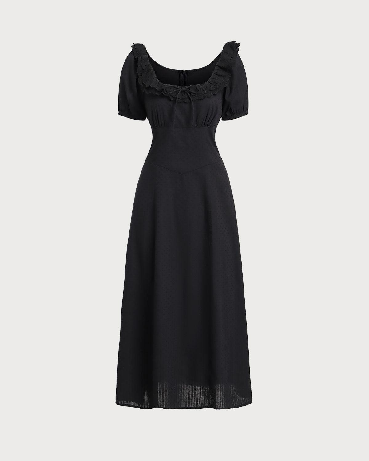 Black Embroidery Puffed Sleeve Maxi Dress Product Image