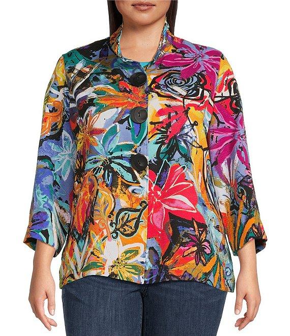 Ali Miles Plus Size Woven Abstract Print Wire Collar 3/4 Sleeve Button-Front Jacket Product Image