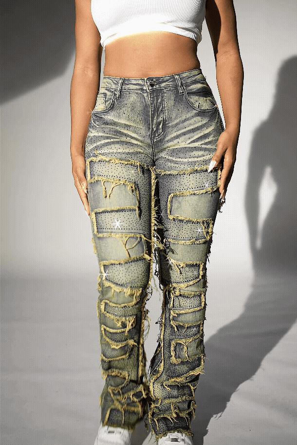 Zariyah Tinted Dark Wash Rhinestone Stacked Flare Jean Female Product Image
