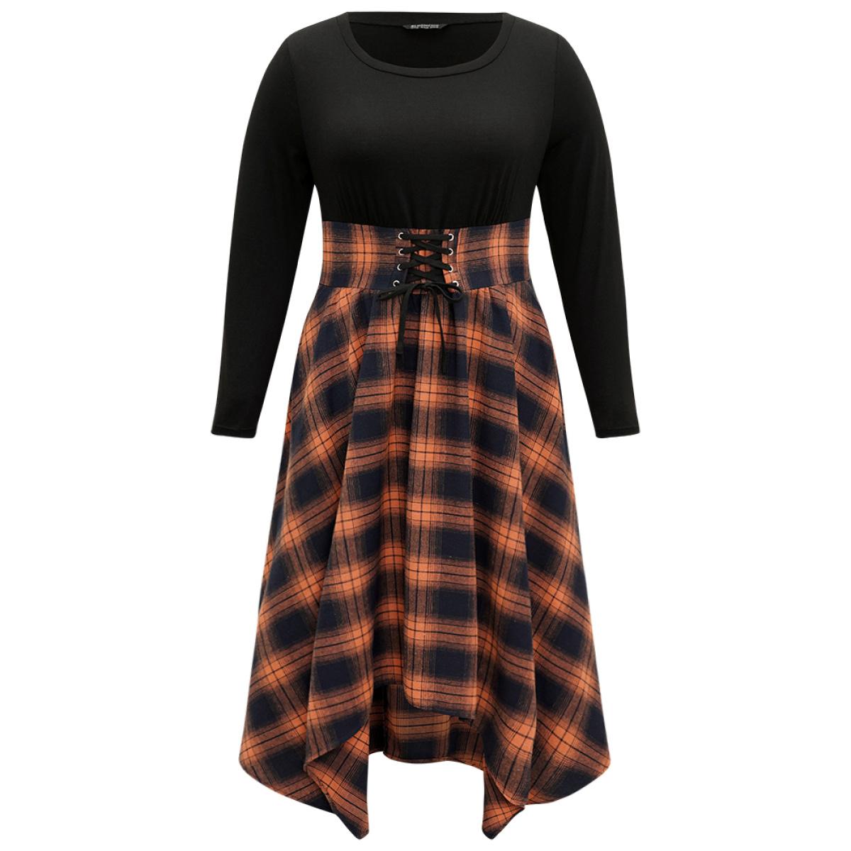 Plus Size Halloween Plaid Lace Up Pocket Asymmetrical Hem Dress Orange Women Casual Cross straps Round Neck Long Sleeve Curvy Midi Dress BloomChic 12/L Product Image